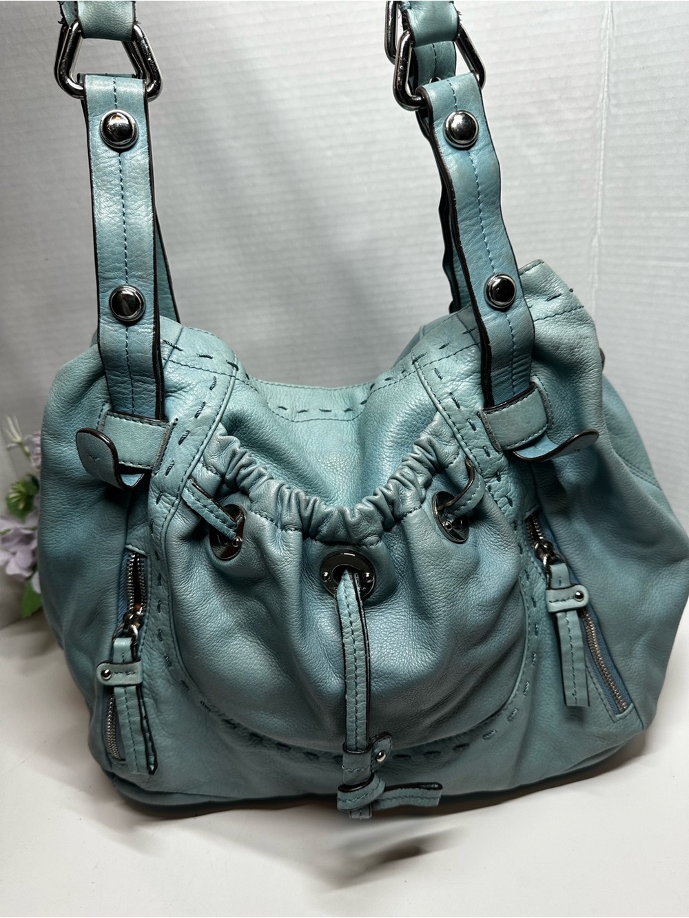 b. makowsky Teal Leather Drawstring Shoulder Bag